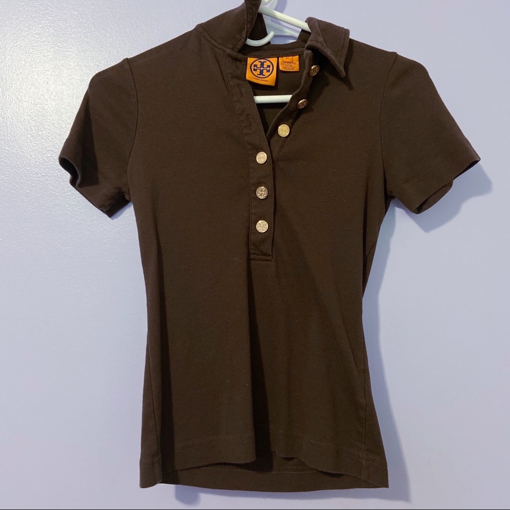 Dark Brown Gold Half Button Short Sleeve Top